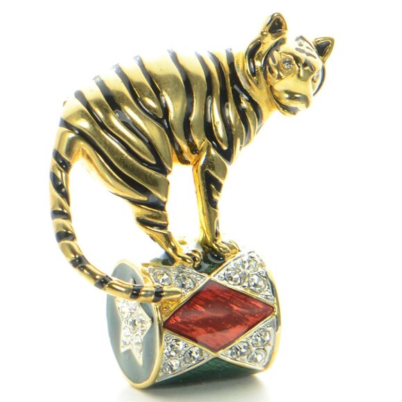 Vintage Kenneth Jay Lane KJL Enamel & Crystal Circus Tiger Pin Brooch - Picture 1 of 8